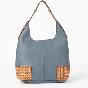 Blue Faux Leather Hobo Bag with Woven Rattan-Style Bottom Panels – Casual Should